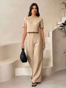 SHEIN Tall Áo croptop trơn và quần ống rộng dành cho nữ. - Màu be - Xem 5