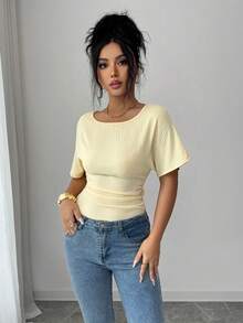 SHEIN Elenzya 女士优雅束腰系带露背设计T恤，夏季新品 - 淡黃色 - 查看 6
