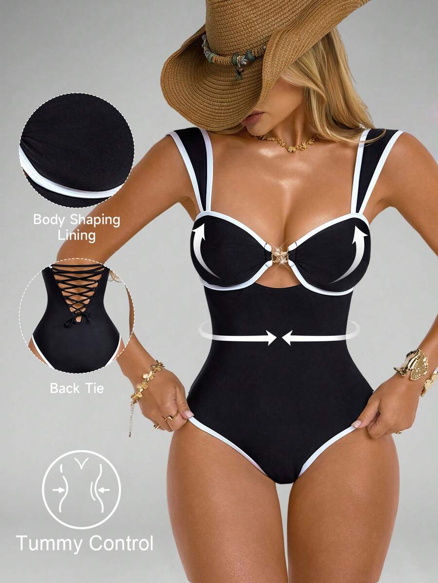 Shapewave 女士黑白海星印花连体泳衣，聚拢提臀，收腹提臀，交叉露背设计，适合海滩度假派对 - 黑與白 - 查看 1