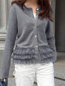 FRIFUL 女士圆领纽扣装饰喇叭袖拼接网纱宽松T恤，适合春夏季穿着 - 灰色 - 查看 5