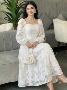 SHEIN Teen Girls' Chiffon Textured Sheer Mesh Puff Sleeve A-Line Elegant Dress, Spring/Summer - White - View 1