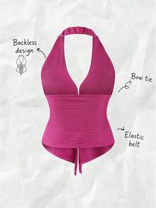 Nevyona 女士露背系带无袖吊带背心，适合春夏度假穿着 - 玫紅色 - 查看 2
