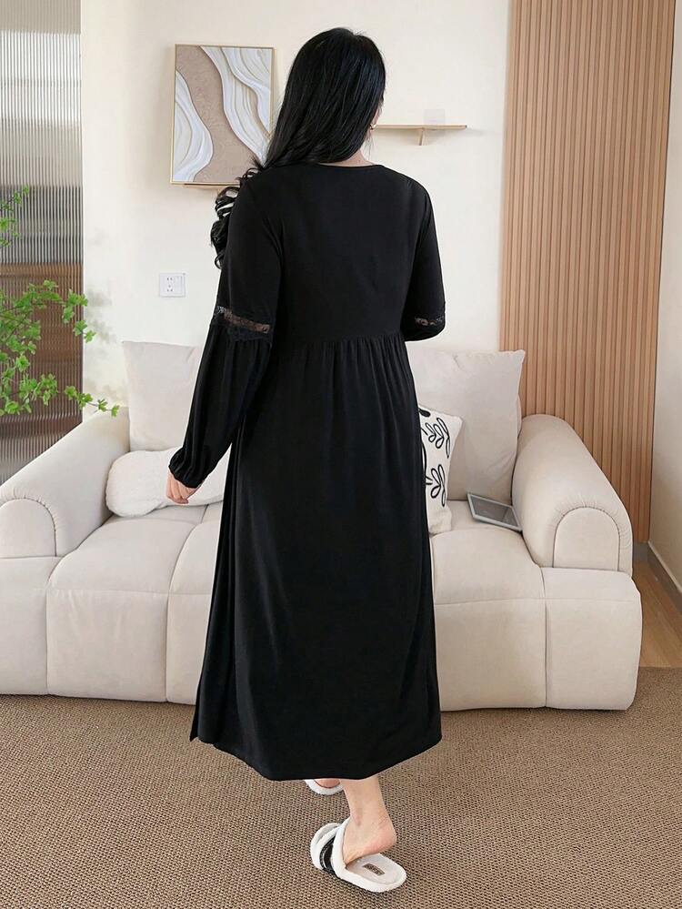 Dazy Plus Plus Size Cross-Wrap Lantern Sleeve Lace Trim Long Robe