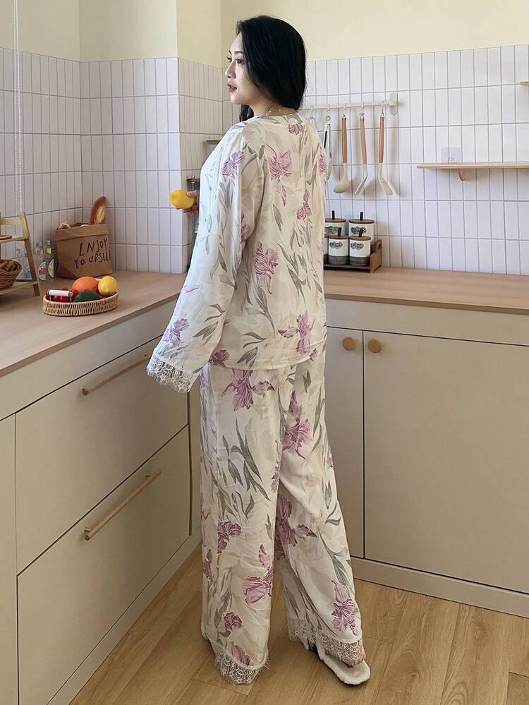 Dazy Plus Plus Size Women Floral Print Long Sleeve Button-Up Top And Contrast Lace Long Pants Pajama Set