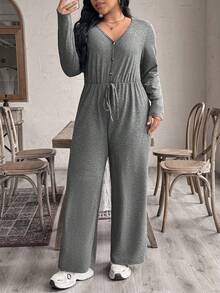 Elenzga 大码新款针织休闲V领长袖连体裤，适合秋、冬、春季穿着