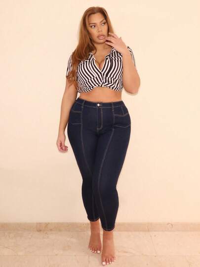 MelDlgn Plus Size Stretch Denim Jeans With Symmetrical Paneled Design