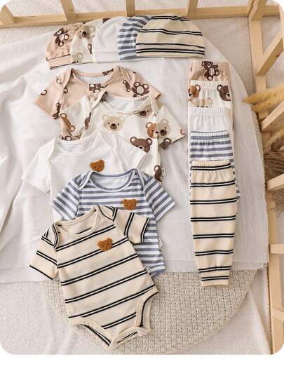 SHEIN 15 pièces/set Ensemble barboteuse et chapeau rayé mignon pour bébé fille nouveau-né, style décontracté avec motif d'ours