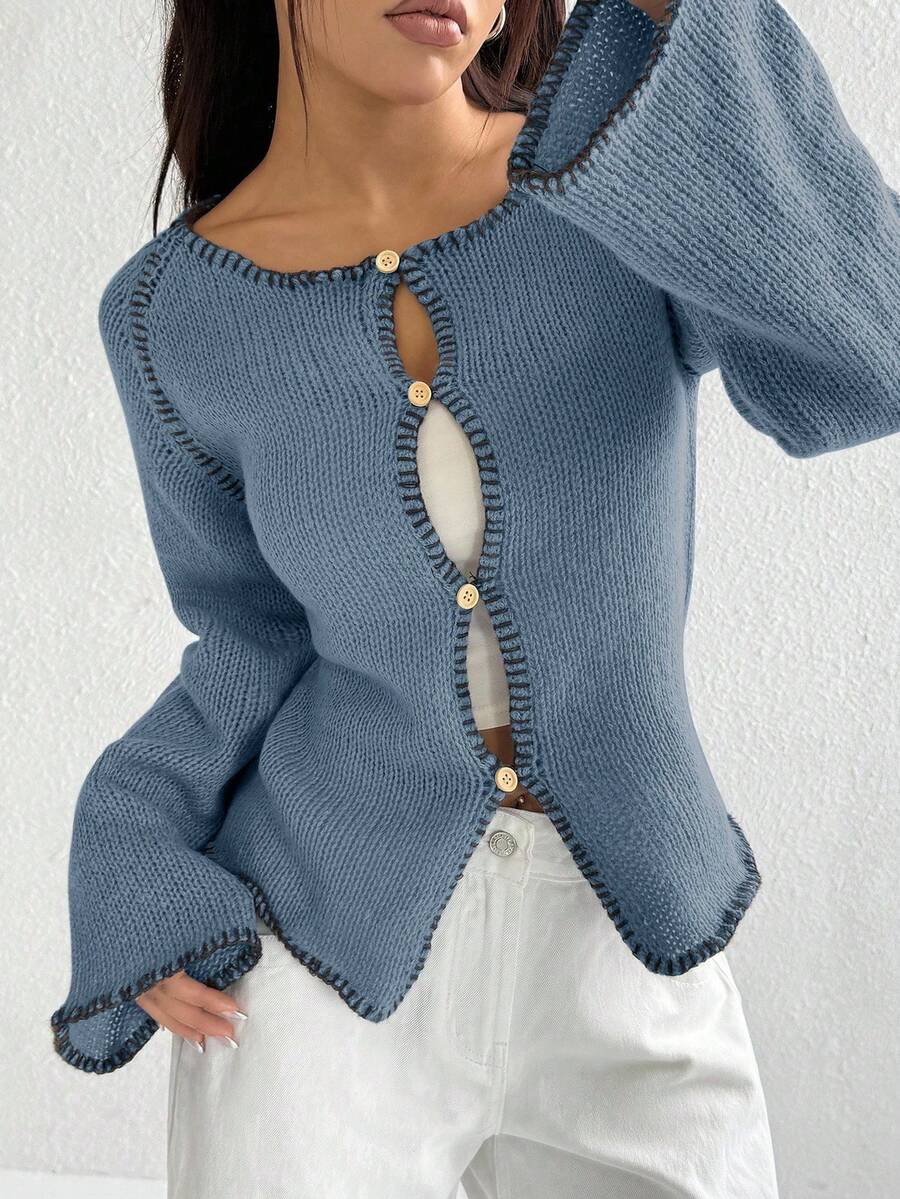 SHEIN Unity Women's Contrast Trim Scoop Neck Flare Sleeve Casual Button Front Cardigan - Teal Blue - View 1