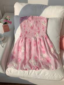 Comfortcana Women's Floral Print Strapless Backless Mini Dress, Vacation Style - Baby Pink - View 2