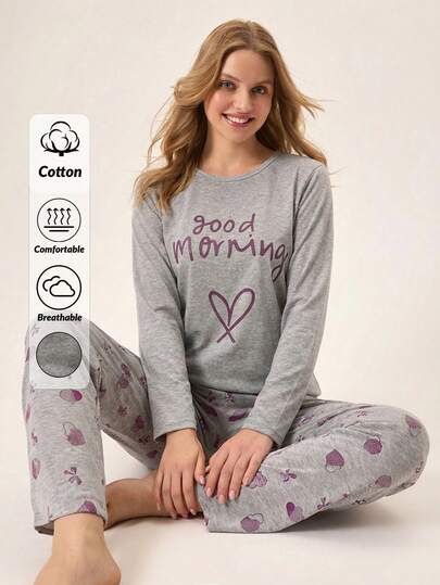 Loomlin 100% Cotton 2Pcs  Contrast Colour Heart Printed PJ Set