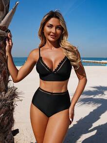 Swim Lushoire Bộ bikini nữ gợi cảm với áo bơi khoét lỗ và quần bơi tam giác cạp cao, dây đeo điều chỉnh được, thích hợp cho mùa xuân/hè. - màu đen - Xem 5