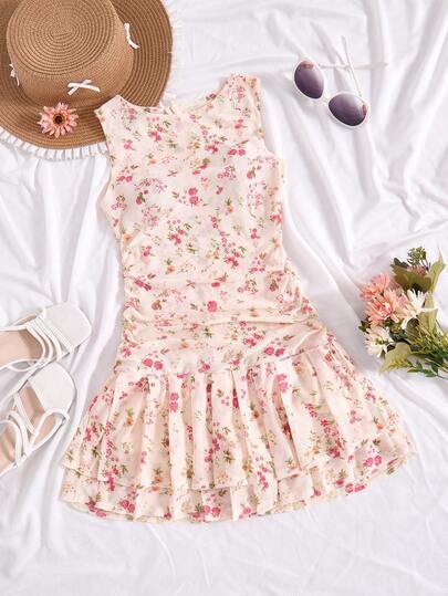 SHEIN Vestido de punto con lazo de corbata en la cintura y estampado floral en forma de A para niña preadolescente, elegante para salidas, citas, atuendos de verano, playa, vacaciones, adecuado para varias ocasiones