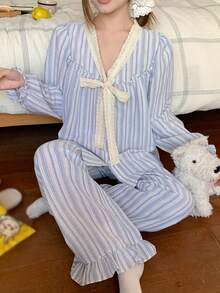 DAZY 条纹荷叶边系领荷叶边下摆女士睡衣套装 - 藍色 - 查看 7