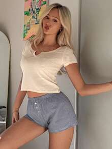 DAZY Women's Jacquard Knit Top And Plaid Shorts Casual Loungewear Set - Apricot - View 6