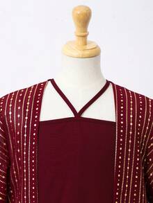 SHEIN Tween Girls' Jacket & Dress Set, Textured Fabric With Metallic Print, Comfortable, Elegant And Luxurious Appearance - Burgundy - View 6