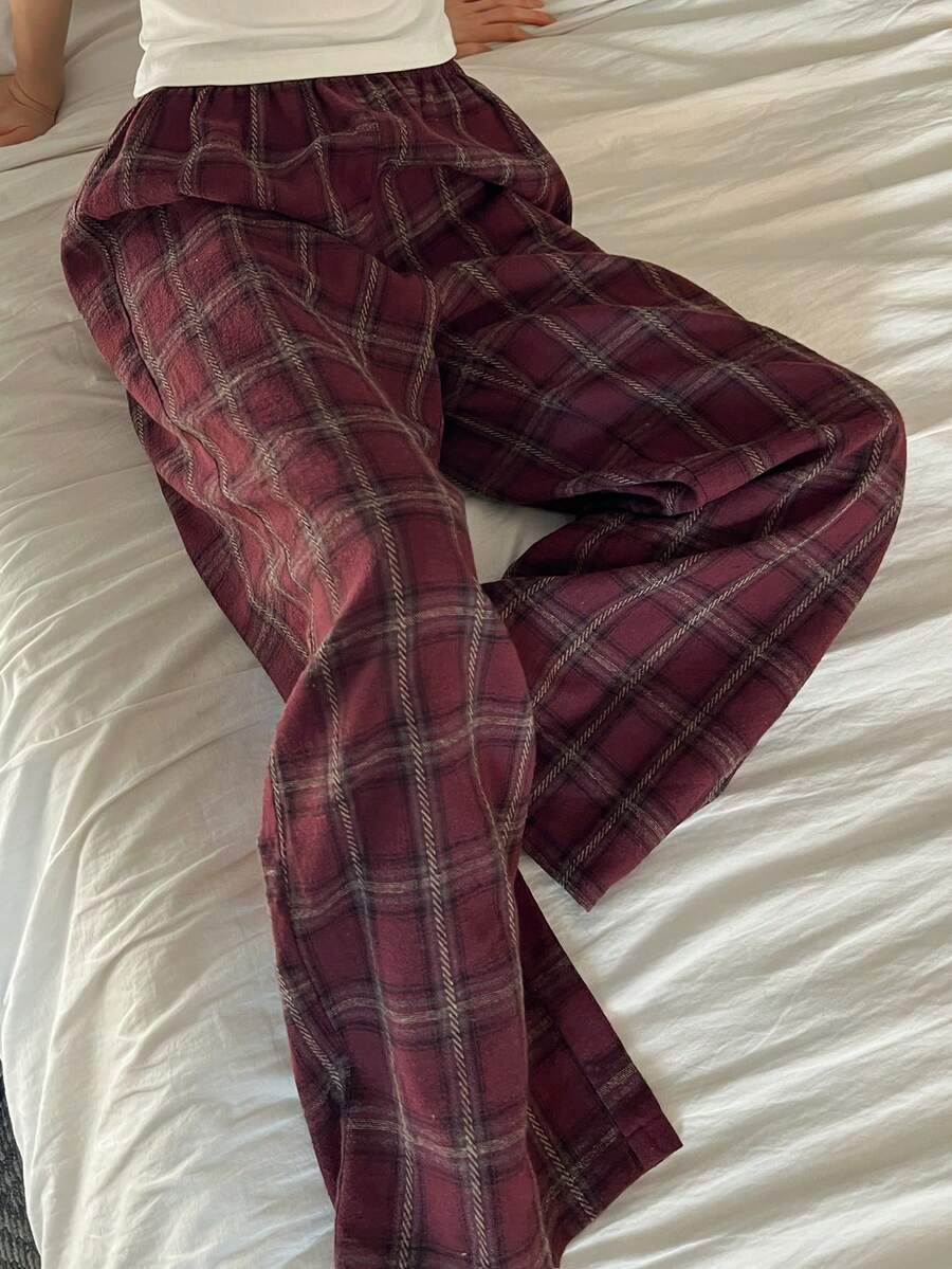 DAZY Women's Loose Straight Plaid Pajama Pants, Autumn/Winter Sleepwear - Burgundy - View 1