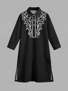 男童长衬衫，经典阿拉伯传统休闲长袍，复古传统图案印花