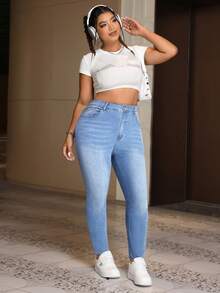 SHEIN EZwear 大码女式休闲修身牛仔裤 - 淺色水洗藍 - 查看 3