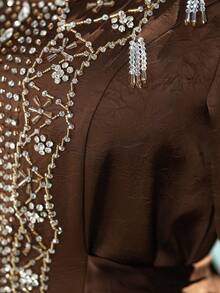 Layrah Coffee Brown Satin Handmade Beaded Embellished Arabic Style Maxi Dress