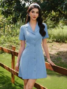 Vintamour 复古优雅女士连衣裙，带口袋、西装领、纽扣闭合，休闲通勤度假迷你裙 - 藍色 - 查看 7