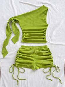 Soleia 春夏新款休闲度假西部海滩婚礼宾客着装毕业早午餐女士圣帕特里克节春假复活节音乐节优雅波西米亚热带风情针织纹理绿色不对称肩部系带抽绳单肩两件套 - 綠色 - 查看 2