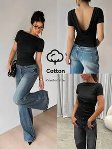 Siren Gaze Black Deep Draped Neck Backless Short Sleeve Top, Draped Collar Elegant Women's Top Fitted Tops Casual Tops Cotton Clothing Woman Low Rise Jeans Y2k Crop Tops Women Tshirt - Black - View 1