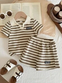 LMoss Kids Baby Boy Striped Print Letter Patched Detail Polo Shirt & Shorts - Multicolor - View 5