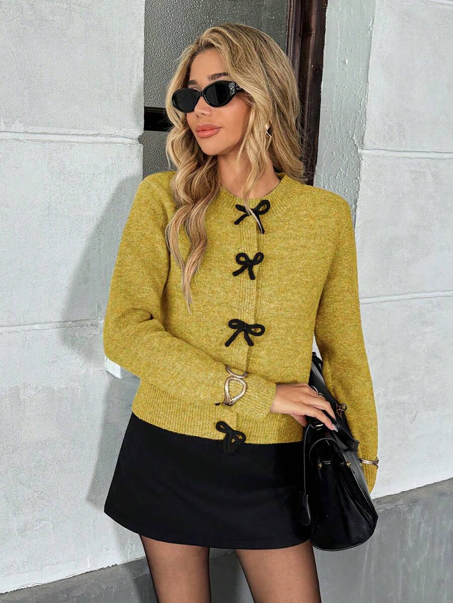SHEIN PariChic Cardigan Rajut Lengan Panjang Kancing Pita Wanita, Musim Gugur/Dingin - Mustard Yellow - View 1