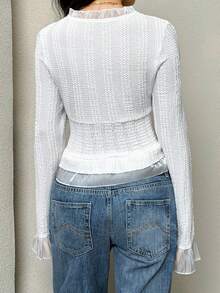 FavEase Women's Casual White Knitted Deep V Neck Long Sleeve Tie Front Flounce Crop Top - White - View 2