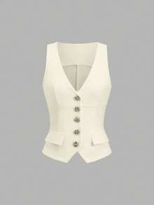 Sweetra Áo vest không tay cổ chữ V màu trơn, cài cúc kim loại, kiểu dáng trang trọng, thanh lịch dành cho nữ, áo vest trắng cho nữ. - Màu be - Xem 1