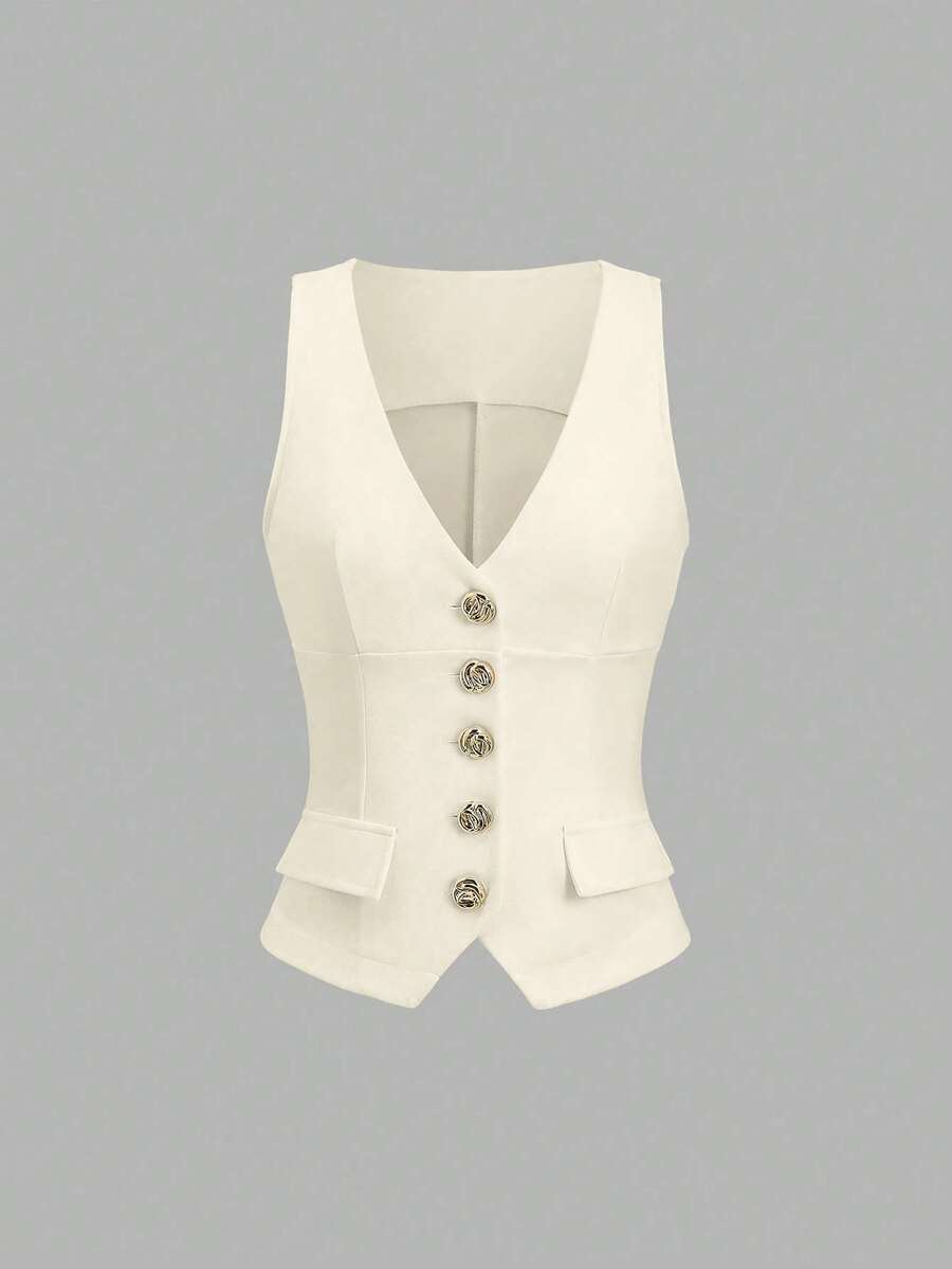 Sweetra Áo vest không tay cổ chữ V màu trơn, cài cúc kim loại, kiểu dáng trang trọng, thanh lịch dành cho nữ, áo vest trắng cho nữ. - Màu be - Xem 1