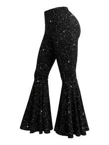 Xyvia Women's Black Solid Silver Polka Dot Fabric Waist Flared Leg Flare Pants, Elegant And Sophisticated, Suitable For Birthday Gifts, Dates, Parties, Slim Fit, Sexy, Street Style, Valentine's Day, May Day, Easter, Travel, Spring/Summer Flare Pants - Black - View 3