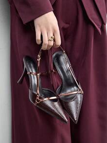 CUCCOO BIZCHIC 女士时尚露跟高跟鞋，T字带设计，纹理尖头，优雅中跟鞋 - 酒紅色 - 查看 5