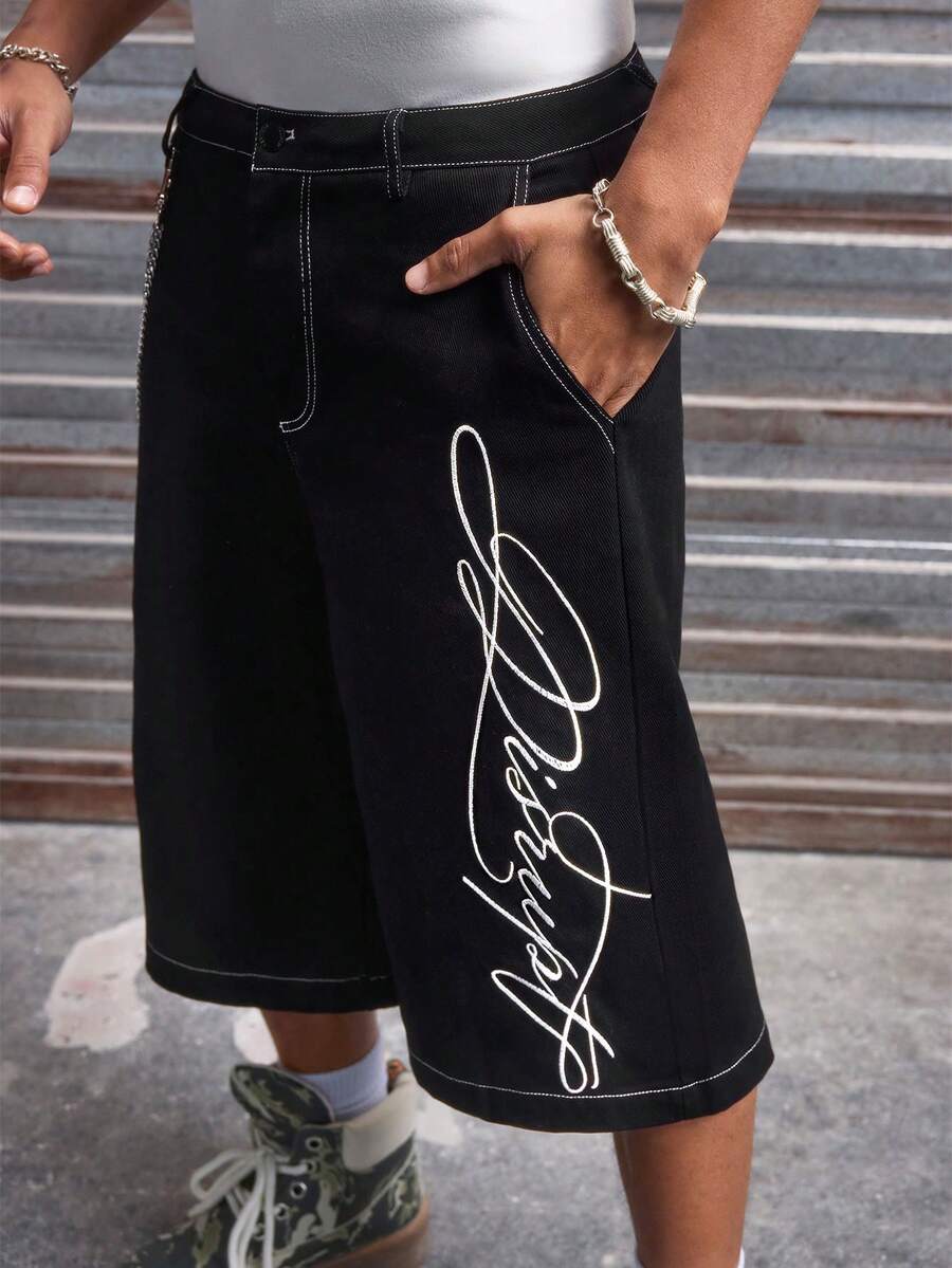 AXEPEAK Men's Casual Letter Embroidered Shorts, Summer - Black - View 1