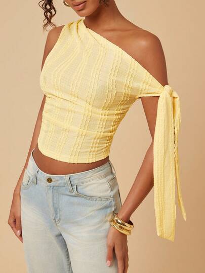 Travachic Women's Fashion Asymmetric-Shoulder Knit Cropped Top, Summer