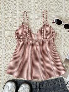 少女日常休闲红白格子吊带背心 - 紅白色 - 查看 3