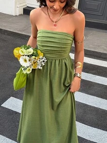 Selianne 橄榄绿抹胸A字长裙 - 女士春夏新款，适合休闲、度假、日常办公、聚会和街头穿搭 - 綠色 - 查看 3