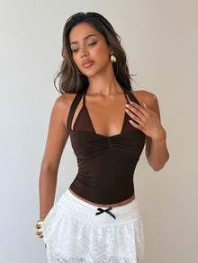 Aloruh 女士性感Y2K棕色系带露背短款上衣，春季女装，外出上衣，夏季上衣，夏季度假装 - 棕色 - 查看 5