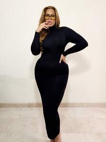 MelDlgn 大码女式春夏优雅日常基本款纯色高领修身袖黑色连衣裙，适合日常穿着、乡村音乐会 - 黑色 - 查看 6