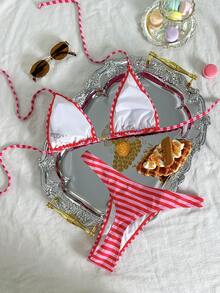 Swim Mod Damen Tropical Muster 2-teiliges Bikini-Set mit Metall-Dekor, lässiger Urlaubsstil - Pink - Übersicht 3