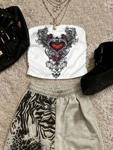 Glimmora Women's Fashionable Street-Style Heart Print Bandeau Top, Summer - Multicolor - View 1