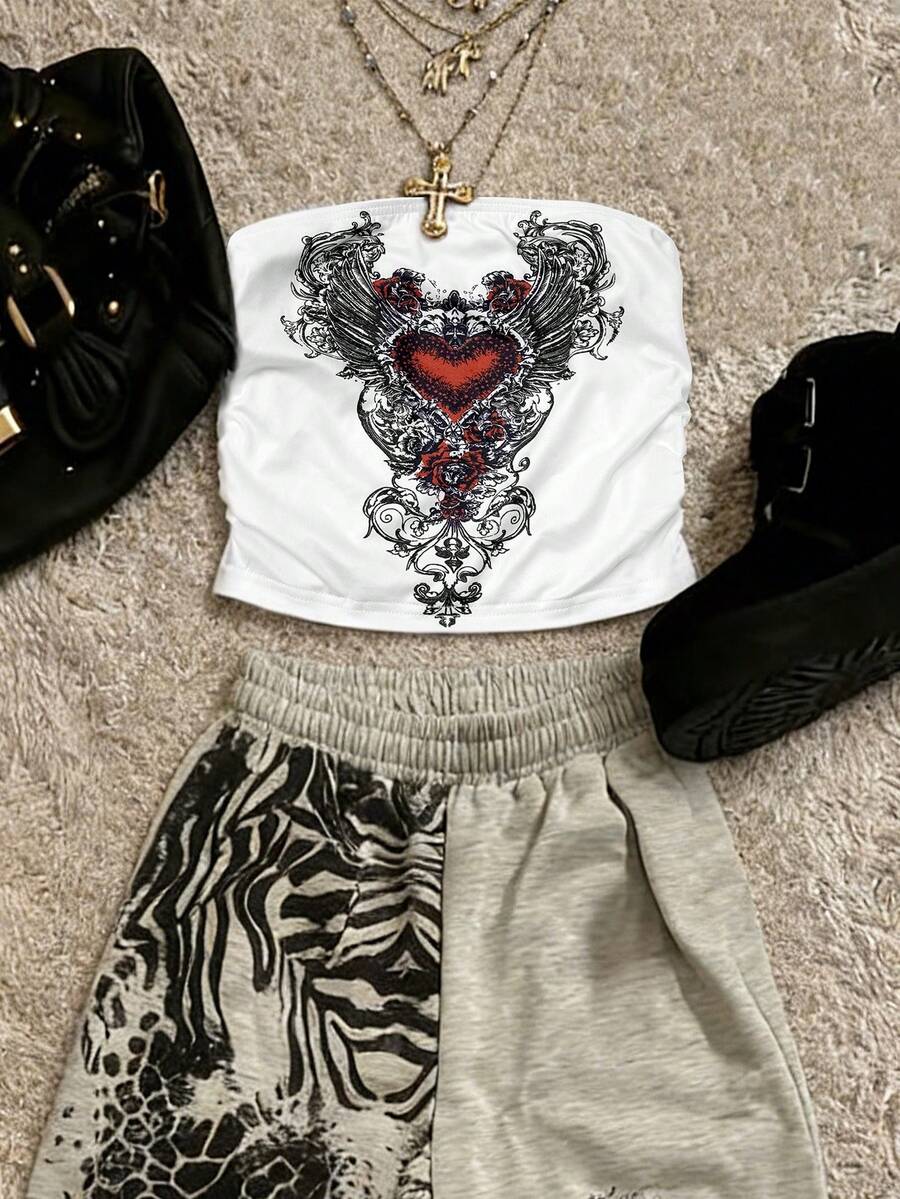 Glimmora Women's Fashionable Street-Style Heart Print Bandeau Top, Summer - Multicolor - View 1