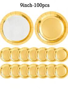 48/100pcs 7-Inch And 9-Inch Gold Foil Edge Paper Plates, Disposable White Paper Plates, Suitable For Birthday, Wedding, Christmas, New Year, Bridal Shower Party - Gold - View 9