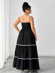 Elenzga 大码女装夏季新款黑白撞色度假风复古性感束腰木珠吊带连衣裙。适合场合：度假、日常休闲穿着、轻度社交场合、约会、正式活动、小型晚宴、小型派对、朋友聚会。 - 黑與白 - 查看 4