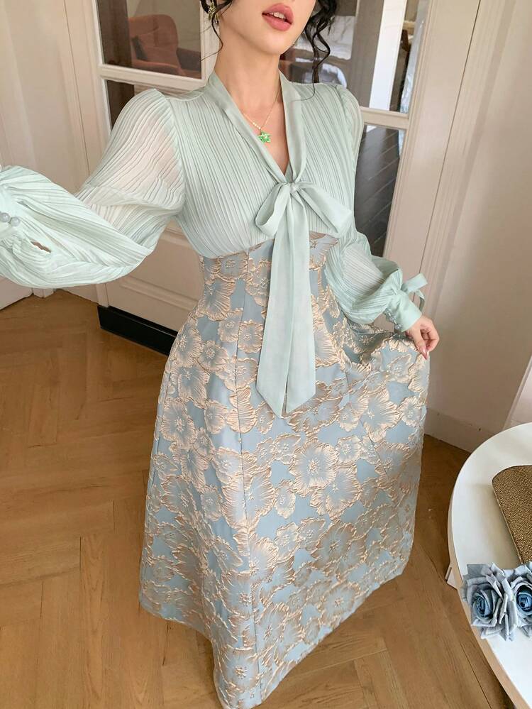 Flounce Patchwork Midi Dress For Women, Vacation Spring Wedding Guest Dress Easter Sundress