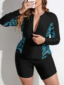 Swim SPRTY Plus Size Printed Split Sleeve Fitted Rashguards - Black - View 1