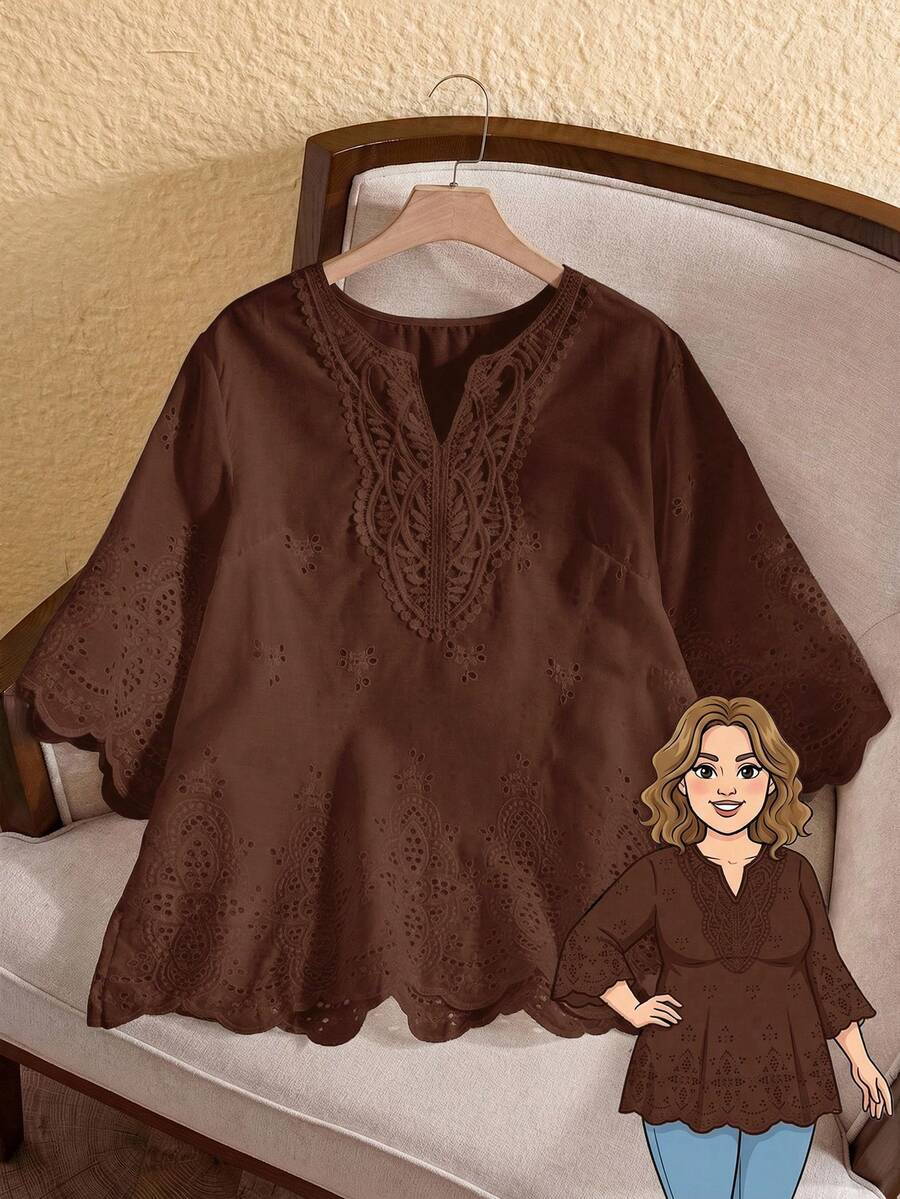 EMERY ROSE 大码女式刺绣V领宽松衬衫，夏季 - 咖啡棕 - 查看 1