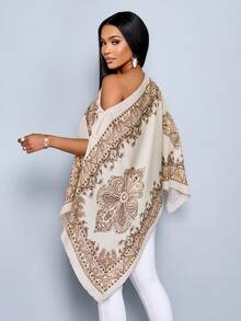 SOLERSUN 女士单肩披肩，不对称下摆，佩斯利花纹，海岛风情，音乐节，春夏衬衫。 - 杏色 - 查看 2