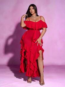 Viva Relle 大码女式优雅纯色针织高弹面料荷叶边领口、开衩设计、荷叶边拼接，时尚设计，大码新款连衣裙，适合派对、节日、生日、情人节、约会等场合的长款连衣裙 - 紅色 - 查看 8