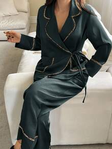 DAZY 两件套女士睡衣套装，采用纹理缎面面料，饰以撞色波点滚边和翻领，秋季款 - 藍色 - 查看 4